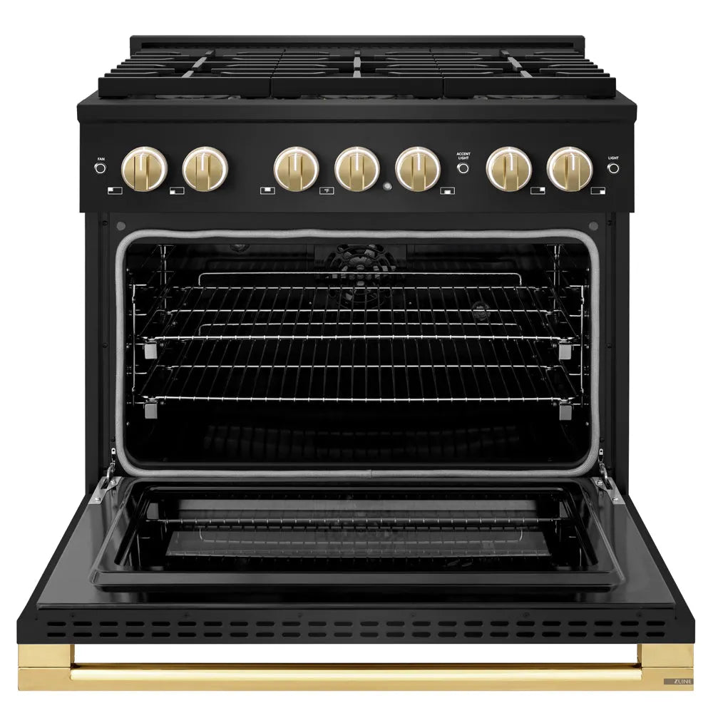 ZLINE Autograph Edition 36 in. 5.2 cu. ft. Marino Dual Fuel Range with 6 Burner DuoPro™ Cooktop and Electric Convection Oven in Black Stainless Steel and Polished Gold Accents (PMDRBZ-36-G) front, oven open.
