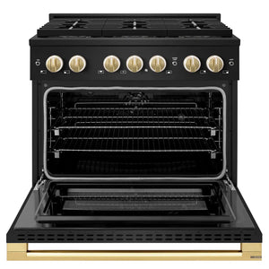 ZLINE Autograph Edition 36 in. 5.2 cu. ft. Marino Dual Fuel Range with 6 Burner DuoPro™ Cooktop and Electric Convection Oven in Black Stainless Steel and Polished Gold Accents (PMDRBZ-36-G) front, oven open.