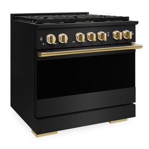 ZLINE Autograph Edition 36 in. 5.2 cu. ft. Marino Dual Fuel Range with 6 Burner DuoPro™ Cooktop and Electric Convection Oven in Black Stainless Steel and Polished Gold Accents (PMDRBZ-36-G)