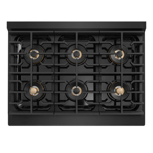 ZLINE Autograph Edition 36 in. 5.2 cu. ft. Marino Dual Fuel Range with 6 Burner DuoPro™ Cooktop and Electric Convection Oven in Black Stainless Steel and Polished Gold Accents (PMDRBZ-36-G)