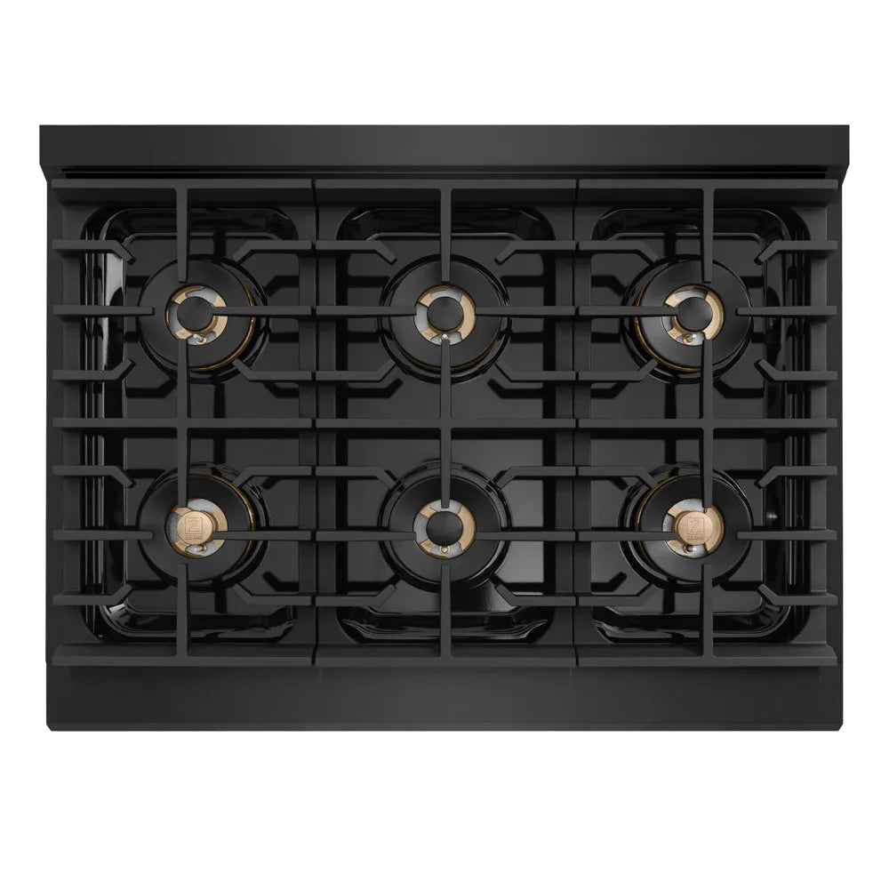ZLINE Autograph Edition 36 in. 5.2 cu. ft. Marino Dual Fuel Range with 6 Burner DuoPro™ Cooktop and Electric Convection Oven in Black Stainless Steel and Polished Gold Accents (PMDRBZ-36-G) top-down, above cooking surface.