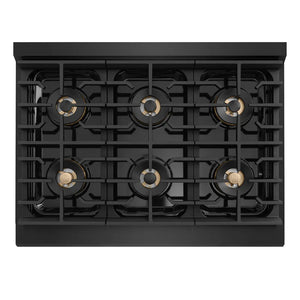 ZLINE Autograph Edition 36 in. 5.2 cu. ft. Marino Dual Fuel Range with 6 Burner DuoPro™ Cooktop and Electric Convection Oven in Black Stainless Steel and Polished Gold Accents (PMDRBZ-36-G) top-down, above cooking surface.
