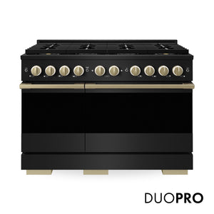 ZLINE Autograph Edition 48 in. 6.7 cu. ft. Marino Dual Fuel Range with 8 Burner DuoPro™ Cooktop and Dual Ovens in Black Stainless Steel and Champagne Bronze Accents (PMDRBZ-48-CB) main image.