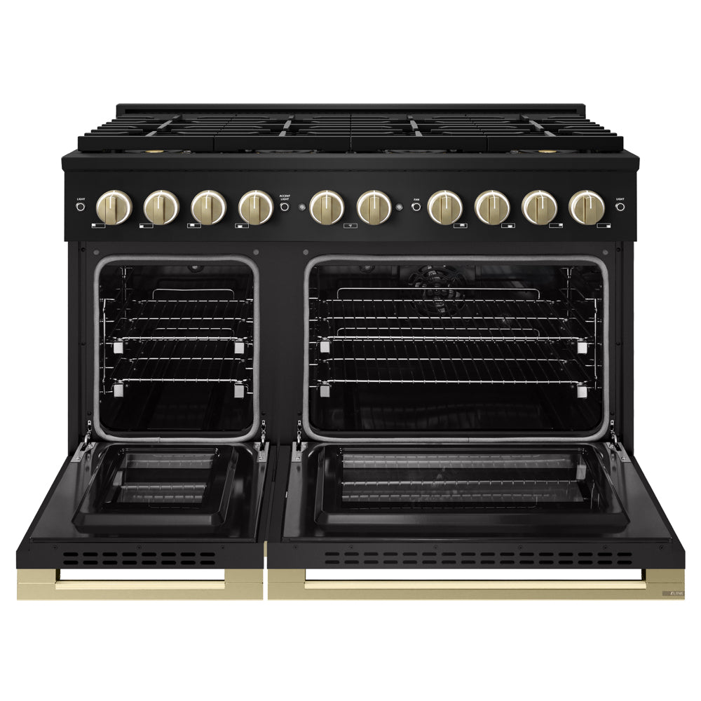 ZLINE Autograph Edition 48 in. 6.7 cu. ft. Marino Dual Fuel Range with 8 Burner DuoPro™ Cooktop and Dual Ovens in Black Stainless Steel and Champagne Bronze Accents (PMDRBZ-48-CB)