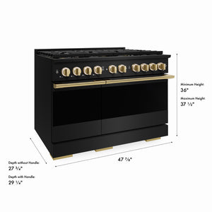 ZLINE Autograph Edition 48 in. 6.7 cu. ft. Marino Dual Fuel Range with 8 Burner DuoPro™ Cooktop and Dual Ovens in Black Stainless Steel and Polished Gold Accents (PMDRBZ-48-G)