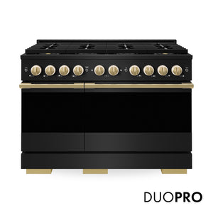 ZLINE Autograph Edition 48 in. 6.7 cu. ft. Marino Dual Fuel Range with 8 Burner DuoPro™ Cooktop and Dual Ovens in Black Stainless Steel and Polished Gold Accents (PMDRBZ-48-G)