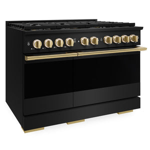 ZLINE Autograph Edition 48 in. 6.7 cu. ft. Marino Dual Fuel Range with 8 Burner DuoPro™ Cooktop and Dual Ovens in Black Stainless Steel and Polished Gold Accents (PMDRBZ-48-G)