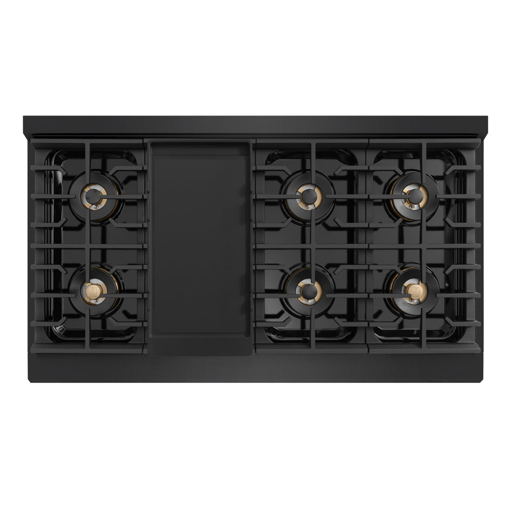 ZLINE Autograph Edition 48 in. 6.7 cu. ft. Marino Dual Fuel Range with 8 Burner DuoPro™ Cooktop and Dual Ovens in Black Stainless Steel and Polished Gold Accents (PMDRBZ-48-G)
