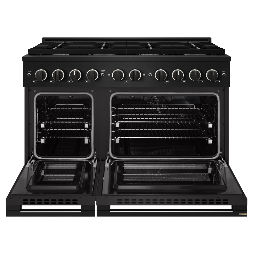 ZLINE 48 in. 6.7 cu. ft. Marino Double Oven Dual Fuel Range in Black Stainless Steel with 8 Brass Burners (MDRB-BR-48) front, oven open.