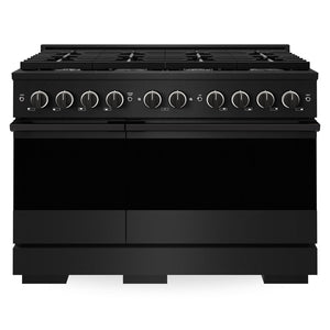 ZLINE 48 in. 6.7 cu. ft. Marino Double Oven Dual Fuel Range in Black Stainless Steel with 8 Brass Burners (MDRB-BR-48) front, oven closed.