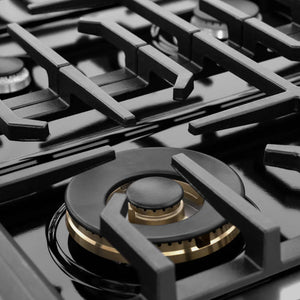 ZLINE 48 in. 6.7 cu. ft. Marino Double Oven Gas Range with 8 Burner Cooktop in Black Stainless Steel (MGRB-48) close-up, large gas burner.