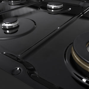 ZLINE 48 in. 6.7 cu. ft. Marino Double Oven Gas Range with 8 Burner Cooktop in Black Stainless Steel (MGRB-48) close-up, black porcelain cooktop without grates.
