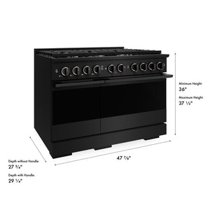 ZLINE 48 in. 6.7 cu. ft. Marino Double Oven Gas Range with 8 Burner Cooktop in Black Stainless Steel (MGRB-48) with dimensions labeled.