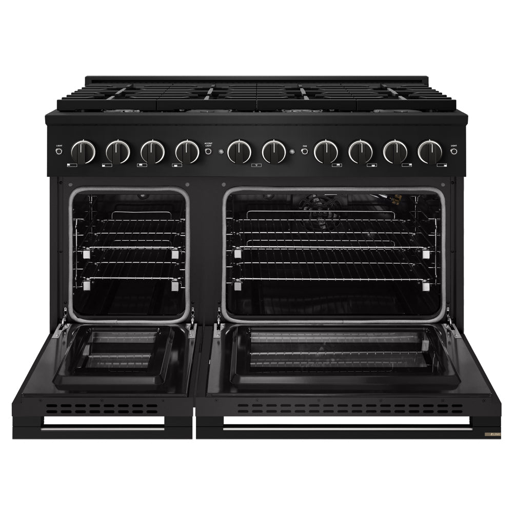 ZLINE 48 in. 6.7 cu. ft. Marino Double Oven Gas Range with 8 Burner Cooktop in Black Stainless Steel (MGRB-48) front, oven open.