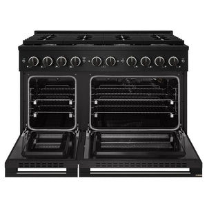 ZLINE 48 in. 6.7 cu. ft. Marino Double Oven Gas Range with 8 Burner Cooktop in Black Stainless Steel (MGRB-48) front, oven open.