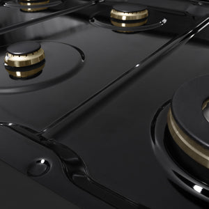 ZLINE 48 in. 6.7 cu. ft. Marino Double Oven Gas Range in Black Stainless Steel with 8 Brass Burners (MGRB-BR-48) close-up, black porcelain cooktop without grates.