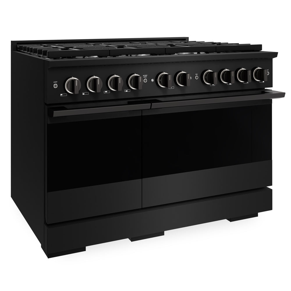 ZLINE 48 in. 6.7 cu. ft. Marino Double Oven Gas Range in Black Stainless Steel with 8 Brass Burners (MGRB-BR-48) side.