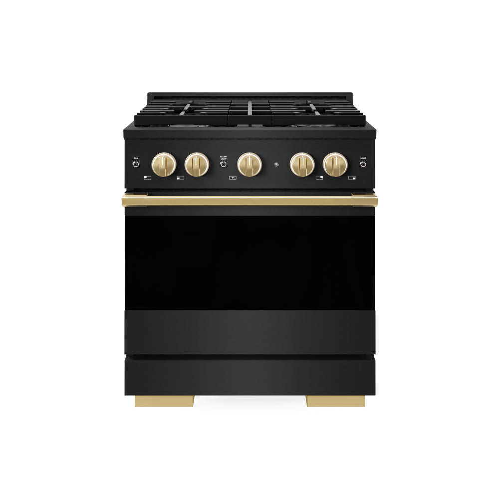 ZLINE Autograph Edition 30 in. 4.2 cu. ft. Marino Gas Range with 4 Burner Cooktop and Convection Gas Oven in Black Stainless Steel and Polished Gold Accents (MGRBZ-30-G)