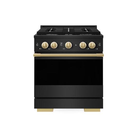 ZLINE Autograph Edition 30 in. 4.2 cu. ft. Marino Gas Range with 4 Burner Cooktop and Convection Gas Oven in Black Stainless Steel and Polished Gold Accents (MGRBZ-30-G) main image.