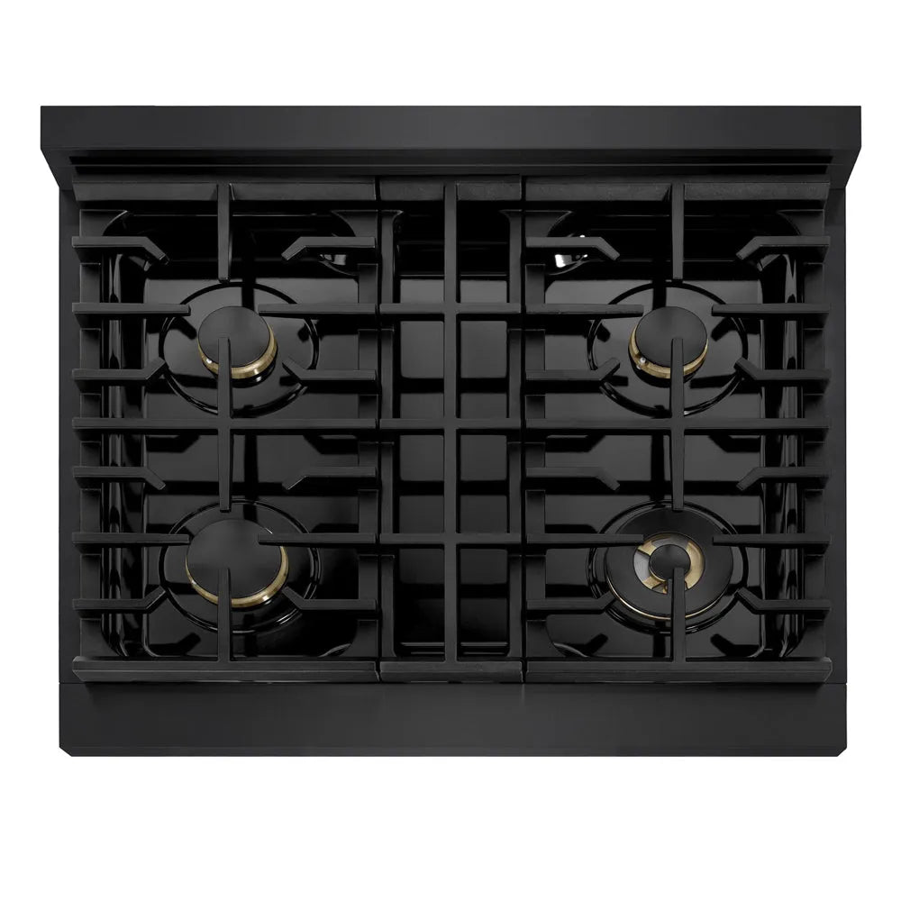 ZLINE Autograph Edition 30 in. 4.2 cu. ft. Marino Gas Range with 4 Burner Cooktop and Convection Gas Oven in Black Stainless Steel and Polished Gold Accents (MGRBZ-30-G) top-down, above cooking surface.