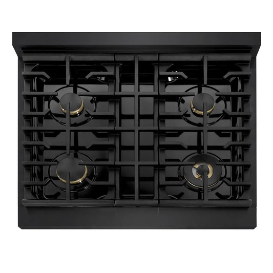 ZLINE Autograph Edition 30 in. 4.2 cu. ft. Marino Gas Range with 4 Burner Cooktop and Convection Gas Oven in Black Stainless Steel and Polished Gold Accents (MGRBZ-30-G) top-down, above cooking surface.