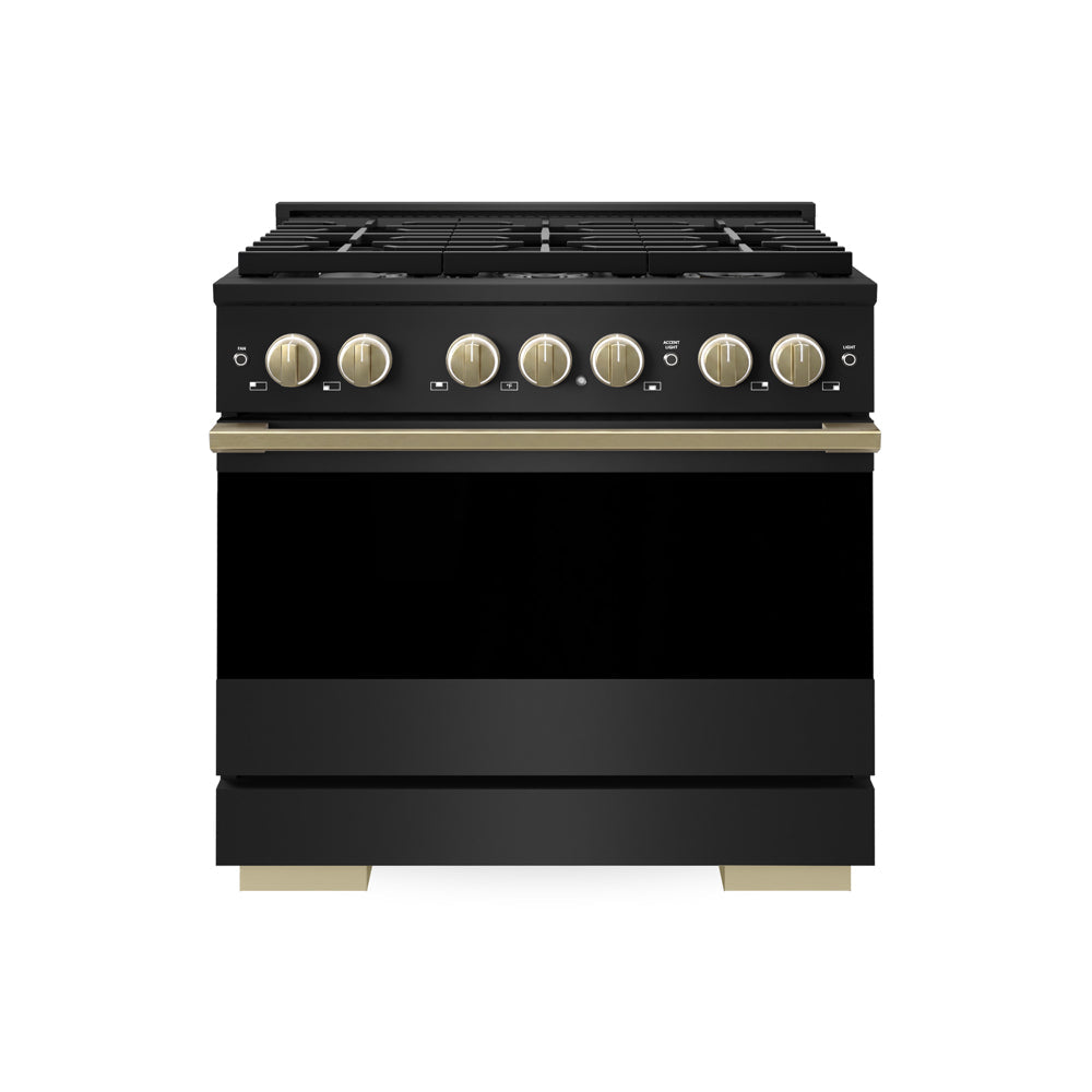ZLINE Autograph Edition 36 in. 5.2 cu. ft. Marino Gas Range with 6 Burner Cooktop and Convection Gas Oven in Black Stainless Steel and Champagne Bronze Accents (MGRBZ-36-CB)