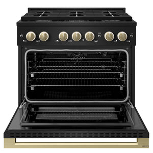 ZLINE Autograph Edition 36 in. 5.2 cu. ft. Marino Gas Range with 6 Burner Cooktop and Convection Gas Oven in Black Stainless Steel and Champagne Bronze Accents (MGRBZ-36-CB)