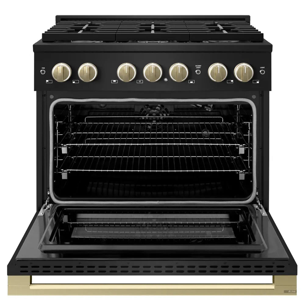 ZLINE Autograph Edition 36 in. 5.2 cu. ft. Marino Gas Range with 6 Burner Cooktop and Convection Gas Oven in Black Stainless Steel and Champagne Bronze Accents (MGRBZ-36-CB) front, oven open.