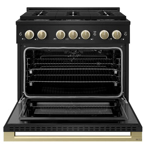 ZLINE Autograph Edition 36 in. 5.2 cu. ft. Marino Gas Range with 6 Burner Cooktop and Convection Gas Oven in Black Stainless Steel and Champagne Bronze Accents (MGRBZ-36-CB) front, oven open.