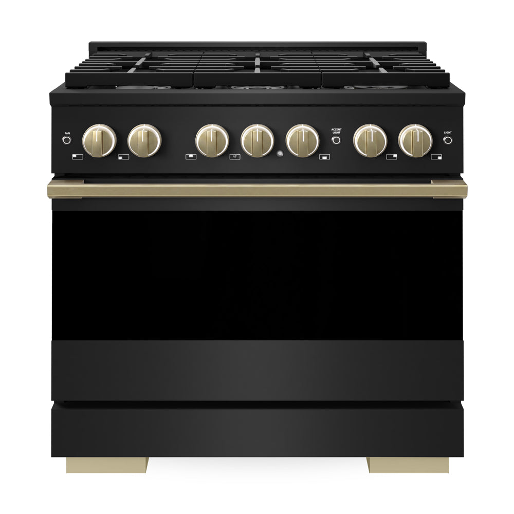 ZLINE Autograph Edition 36 in. 5.2 cu. ft. Marino Gas Range with 6 Burner Cooktop and Convection Gas Oven in Black Stainless Steel and Champagne Bronze Accents (MGRBZ-36-CB)