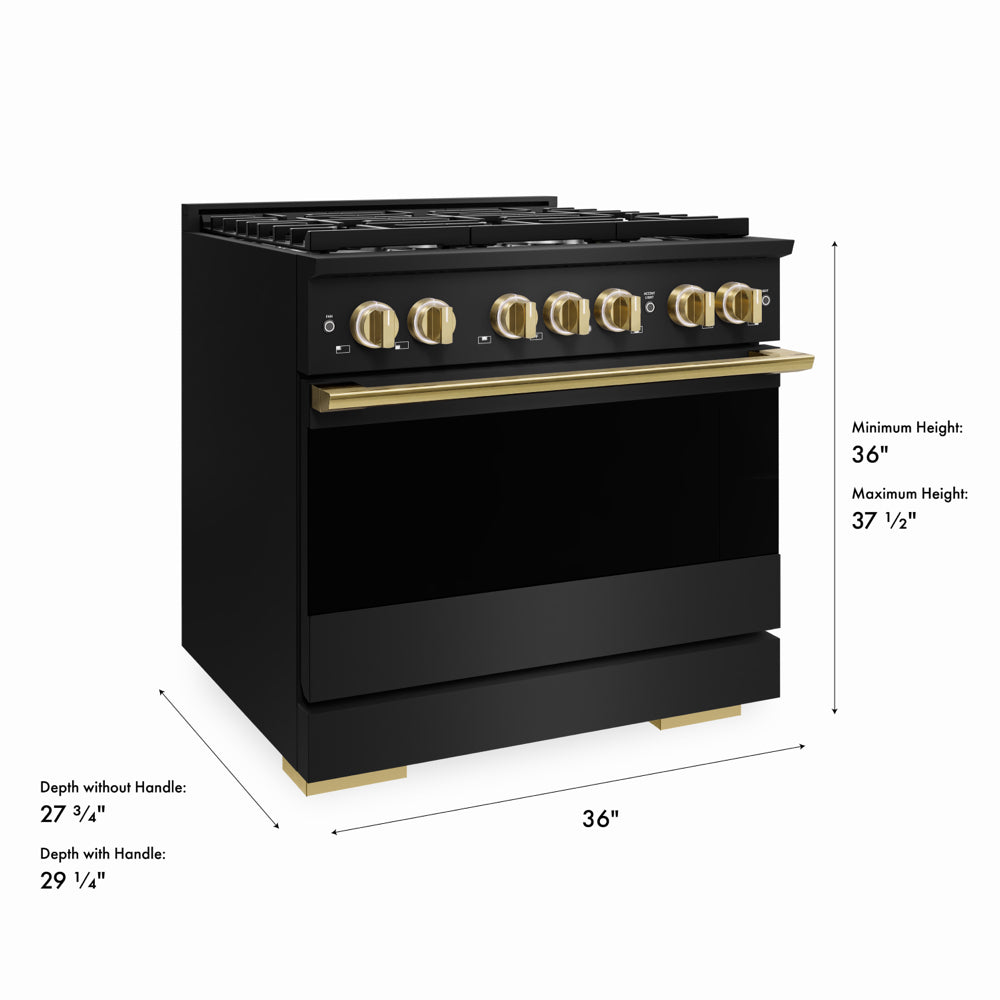 ZLINE Autograph Edition 36 in. 5.2 cu. ft. Marino Gas Range with 6 Burner Cooktop and Convection Gas Oven in Black Stainless Steel and Polished Gold Accents (MGRBZ-36-G)