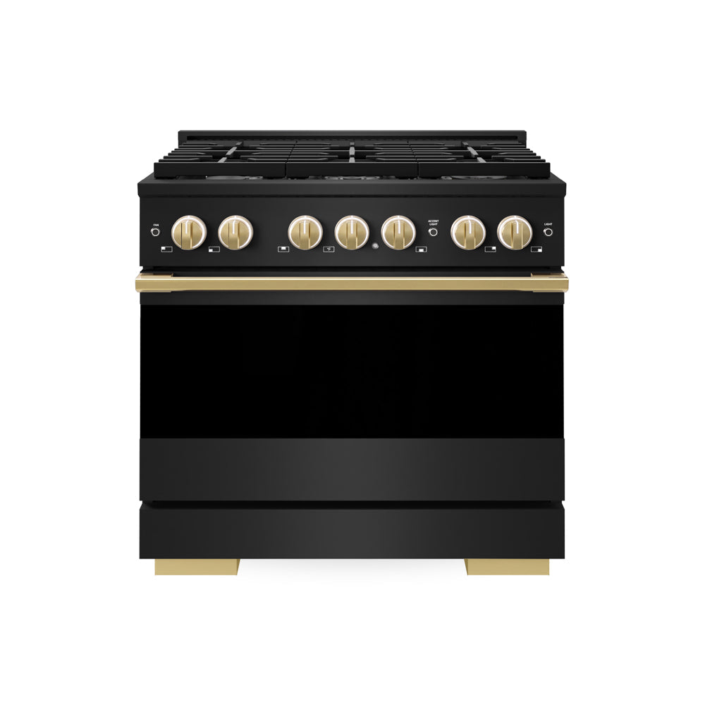 ZLINE Autograph Edition 36 in. 5.2 cu. ft. Marino Gas Range with 6 Burner Cooktop and Convection Gas Oven in Black Stainless Steel and Polished Gold Accents (MGRBZ-36-G)