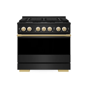 ZLINE Autograph Edition 36 in. 5.2 cu. ft. Marino Gas Range with 6 Burner Cooktop and Convection Gas Oven in Black Stainless Steel and Polished Gold Accents (MGRBZ-36-G)