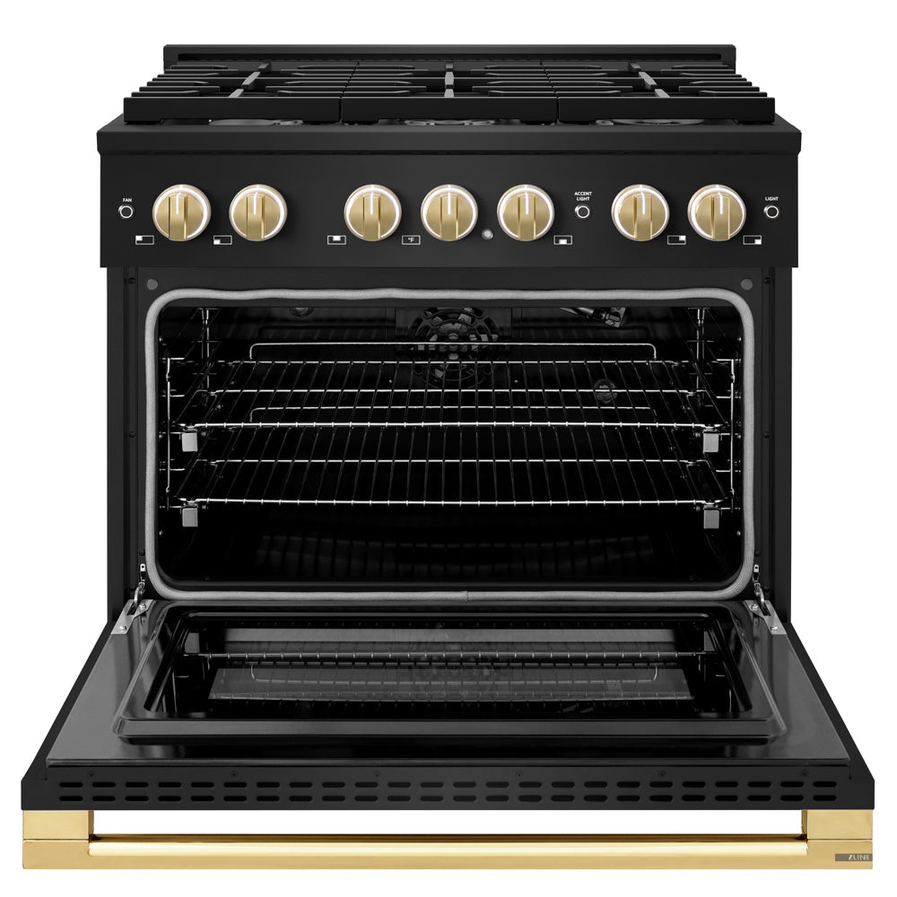 ZLINE Autograph Edition 36 in. 5.2 cu. ft. Marino Gas Range with 6 Burner Cooktop and Convection Gas Oven in Black Stainless Steel and Polished Gold Accents (MGRBZ-36-G)