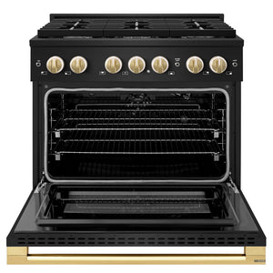 ZLINE Autograph Edition 36 in. 5.2 cu. ft. Marino Gas Range with 6 Burner Cooktop and Convection Gas Oven in Black Stainless Steel and Polished Gold Accents (MGRBZ-36-G)