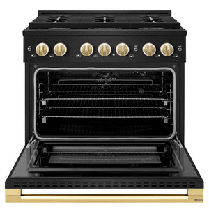 ZLINE Autograph Edition 36 in. 5.2 cu. ft. Marino Gas Range with 6 Burner Cooktop and Convection Gas Oven in Black Stainless Steel and Polished Gold Accents (MGRBZ-36-G) front, oven open.
