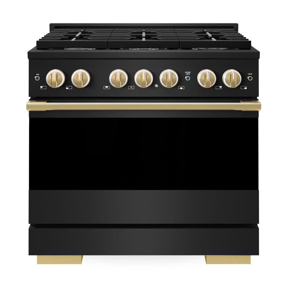 ZLINE Autograph Edition 36 in. 5.2 cu. ft. Marino Gas Range with 6 Burner Cooktop and Convection Gas Oven in Black Stainless Steel and Polished Gold Accents (MGRBZ-36-G)