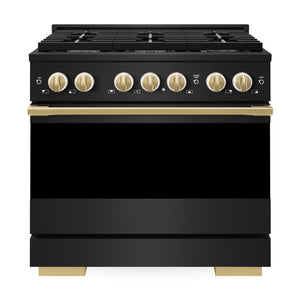 ZLINE Autograph Edition 36 in. 5.2 cu. ft. Marino Gas Range with 6 Burner Cooktop and Convection Gas Oven in Black Stainless Steel and Polished Gold Accents (MGRBZ-36-G)
