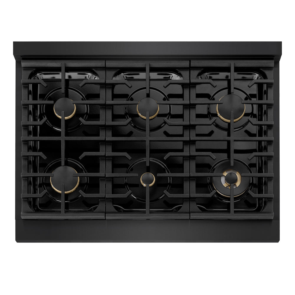 ZLINE Autograph Edition 36 in. 5.2 cu. ft. Marino Gas Range with 6 Burner Cooktop and Convection Gas Oven in Black Stainless Steel and Polished Gold Accents (MGRBZ-36-G)