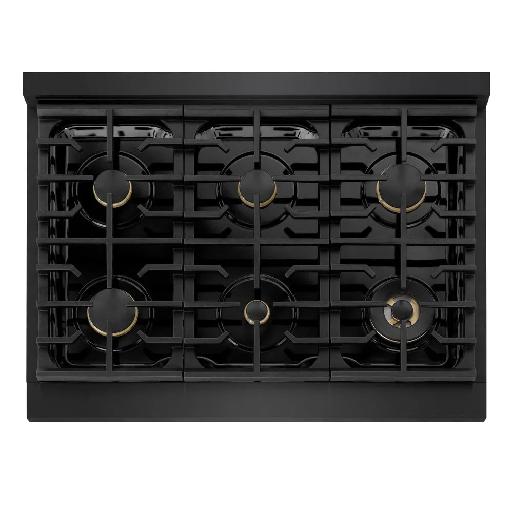 ZLINE Autograph Edition 36 in. 5.2 cu. ft. Marino Gas Range with 6 Burner Cooktop and Convection Gas Oven in Black Stainless Steel and Polished Gold Accents (MGRBZ-36-G) top-down, above cooking surface.