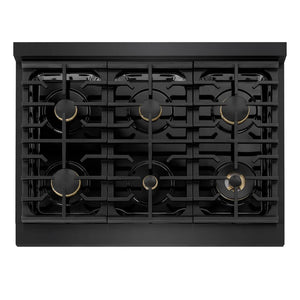 ZLINE Autograph Edition 36 in. 5.2 cu. ft. Marino Gas Range with 6 Burner Cooktop and Convection Gas Oven in Black Stainless Steel and Polished Gold Accents (MGRBZ-36-G) top-down, above cooking surface.
