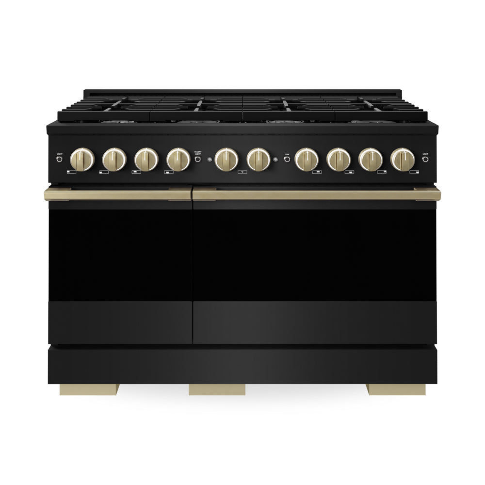 ZLINE Autograph Edition 48 in. 6.7 cu. ft. Marino Double Oven Gas Range with 8 Burner Cooktop in Black Stainless Steel and Champagne Bronze Accents (MGRBZ-48-CB)