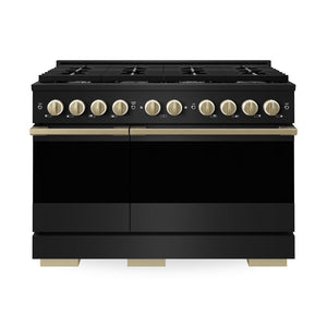 ZLINE Autograph Edition 48 in. 6.7 cu. ft. Marino Double Oven Gas Range with 8 Burner Cooktop in Black Stainless Steel and Champagne Bronze Accents (MGRBZ-48-CB)