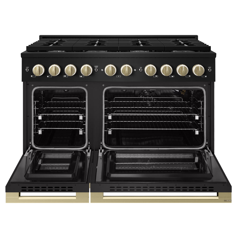 ZLINE Autograph Edition 48 in. 6.7 cu. ft. Marino Double Oven Gas Range with 8 Burner Cooktop in Black Stainless Steel and Champagne Bronze Accents (MGRBZ-48-CB)