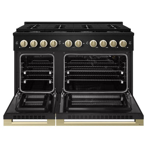 ZLINE Autograph Edition 48 in. 6.7 cu. ft. Marino Double Oven Gas Range with 8 Burner Cooktop in Black Stainless Steel and Champagne Bronze Accents (MGRBZ-48-CB) front, oven open.