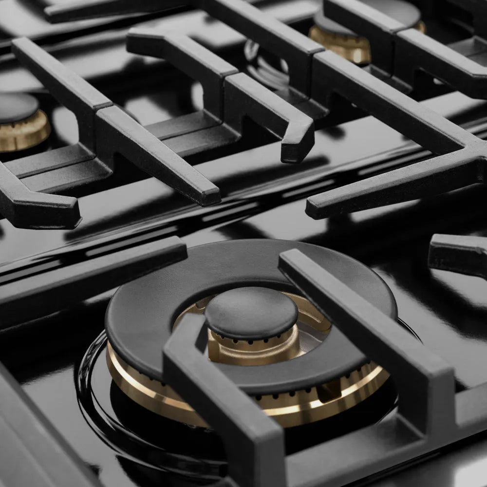 ZLINE Autograph Edition 48 in. 6.7 cu. ft. Marino Double Oven Gas Range with 8 Burner Cooktop in Black Stainless Steel and Polished Gold Accents (MGRBZ-48-G) close-up, large gas burner.
