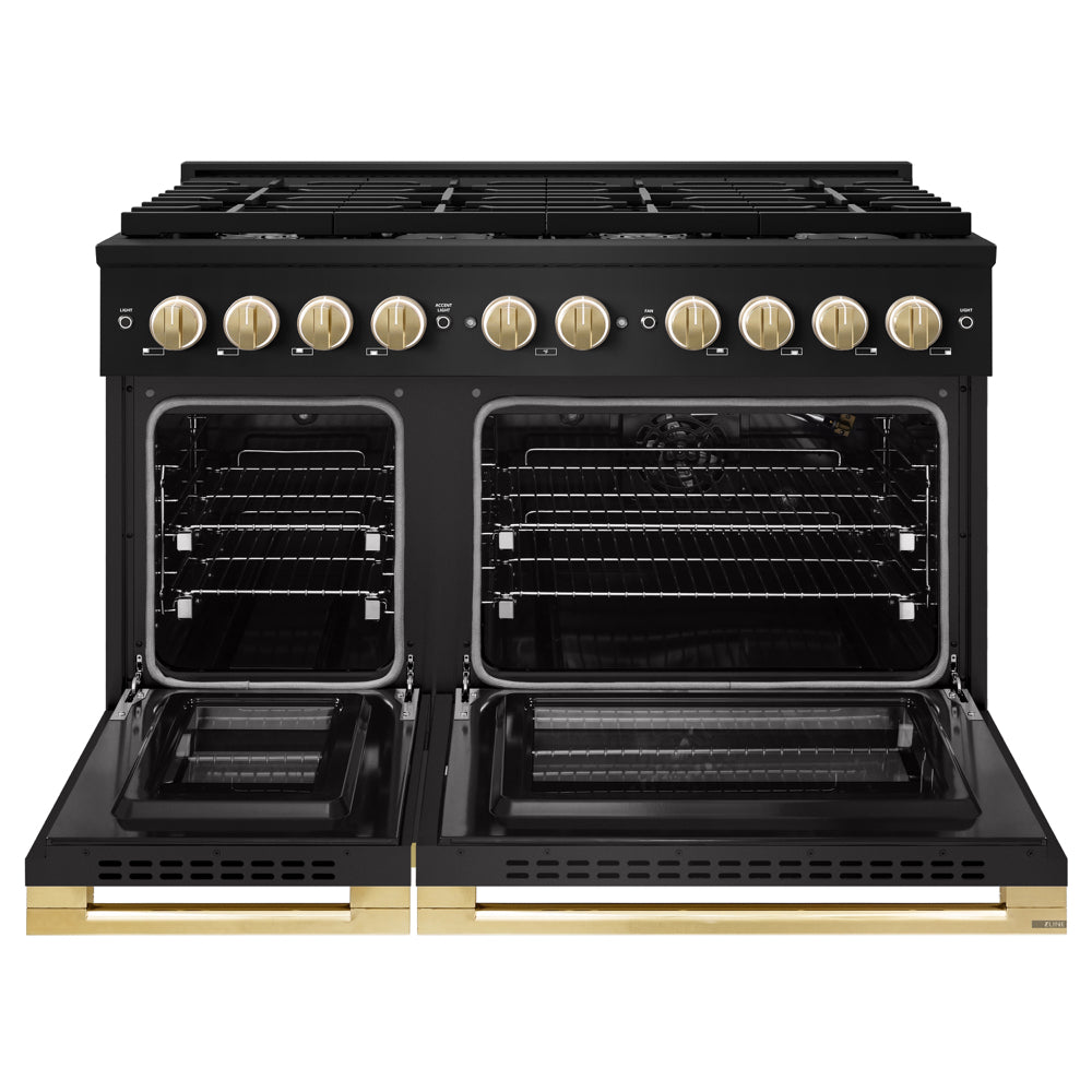 ZLINE Autograph Edition 48 in. 6.7 cu. ft. Marino Double Oven Gas Range with 8 Burner Cooktop in Black Stainless Steel and Polished Gold Accents (MGRBZ-48-G)
