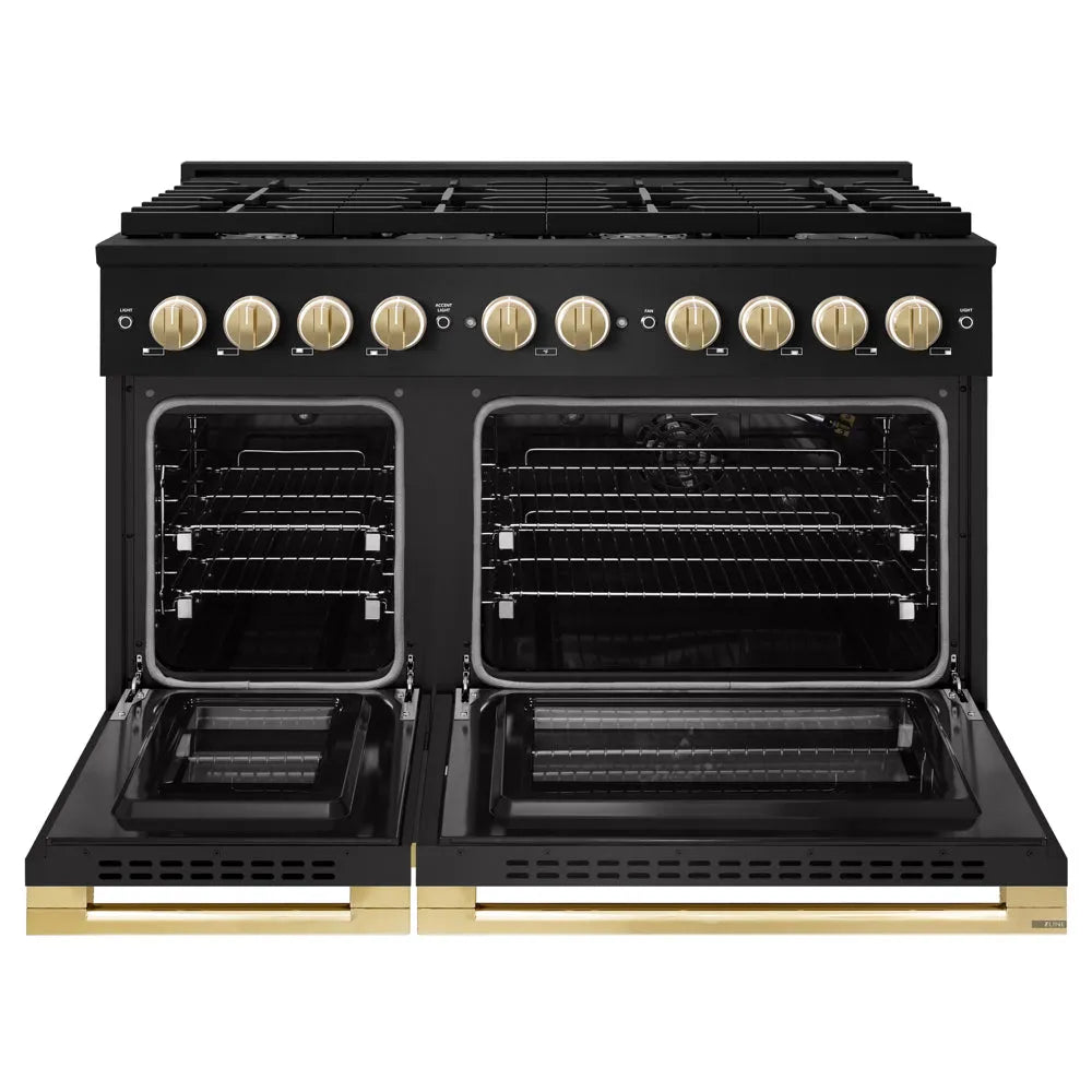 ZLINE Autograph Edition 48 in. 6.7 cu. ft. Marino Double Oven Gas Range with 8 Burner Cooktop in Black Stainless Steel and Polished Gold Accents (MGRBZ-48-G) front, oven open.