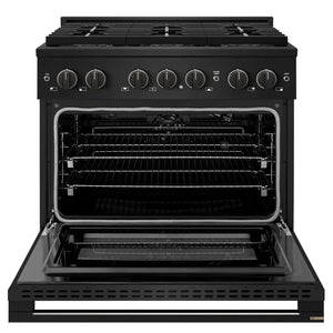 ZLINE 36 in. 5.2 cu. ft. Marino Gas Range with 6 Burner DuoPro™ Cooktop and Convection Gas Oven in Black Stainless Steel (PMGRB-36) front, oven open.