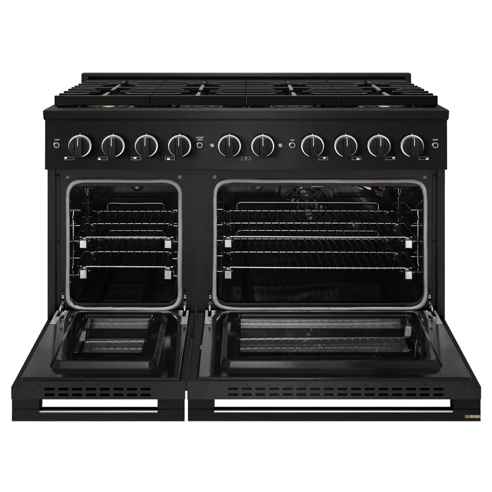 ZLINE 48 in. 6.7 cu. ft. Marino Gas Range with 8 Burner DuoPro™ Cooktop and Dual Ovens in Black Stainless Steel (PMGRB-48) front, oven open.